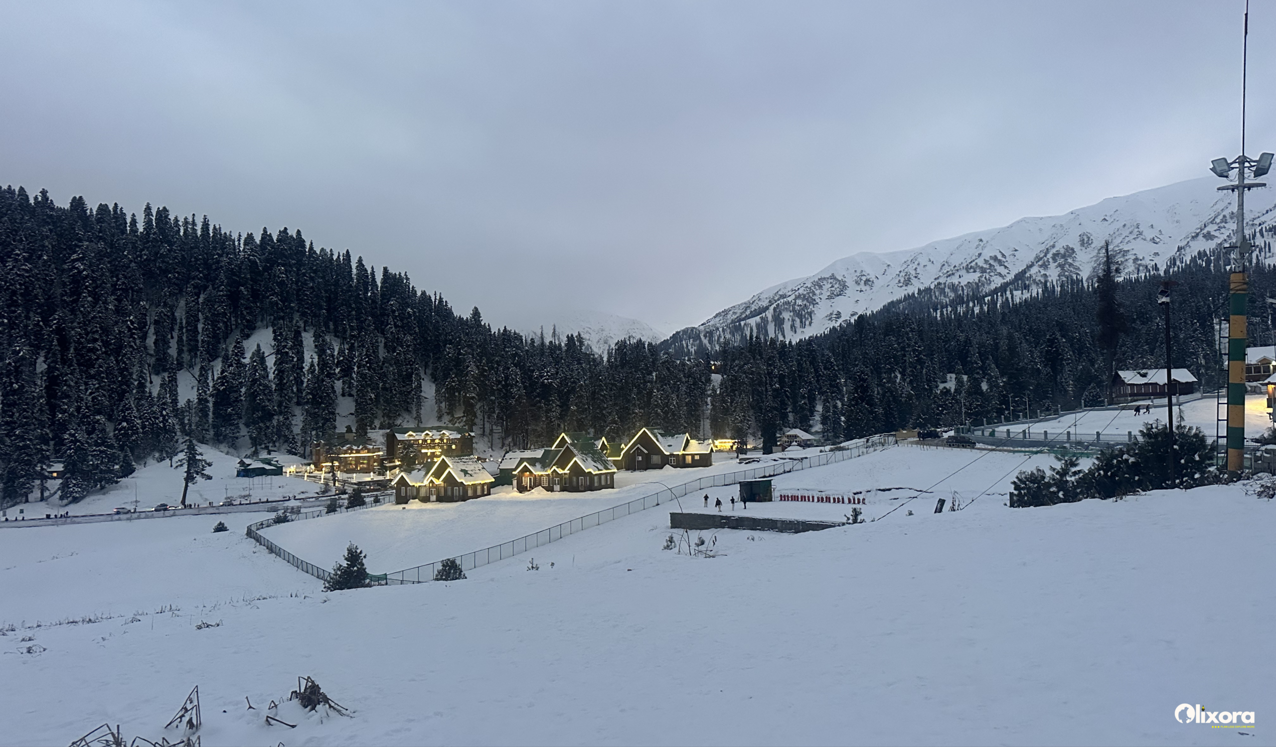 Cinematic evening view of the Pir Panjal mountains after a winter ski in India