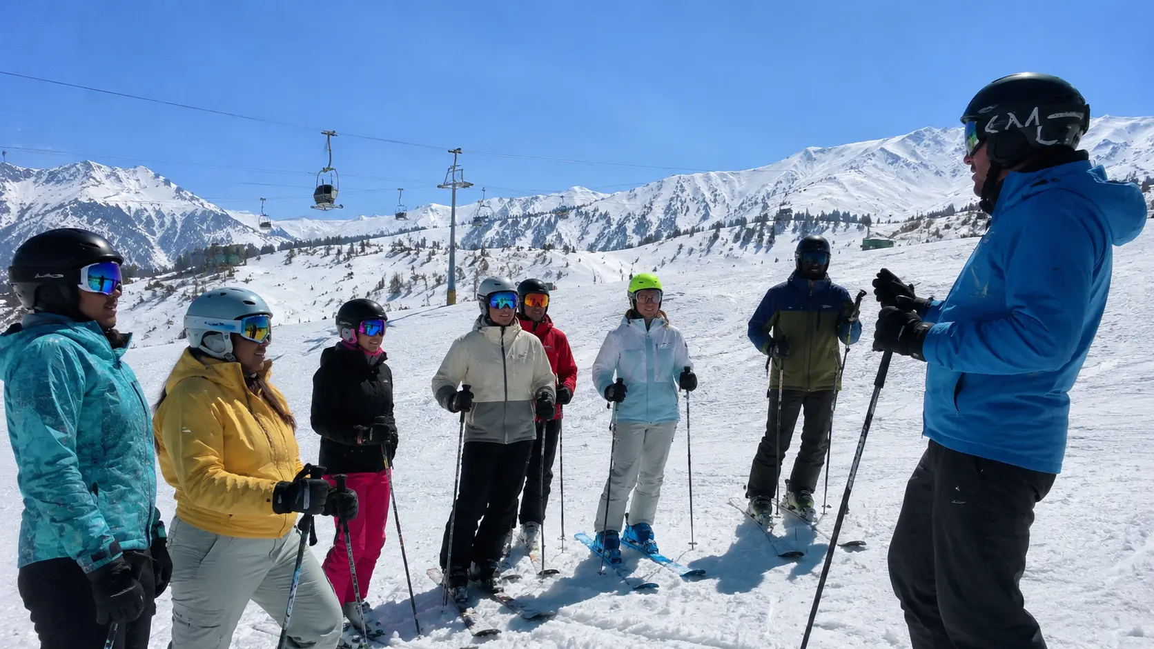 First-time skiers taking a lesson on the gentle beginner slopes in India