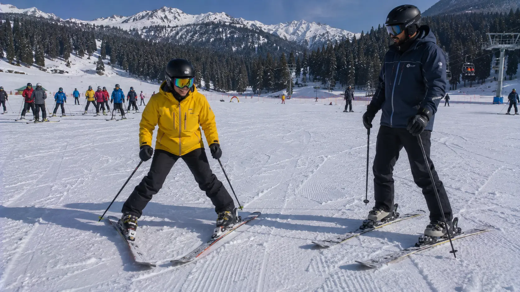 Beginner skier practicing the snowplow technique on Gulmarg baby slopes