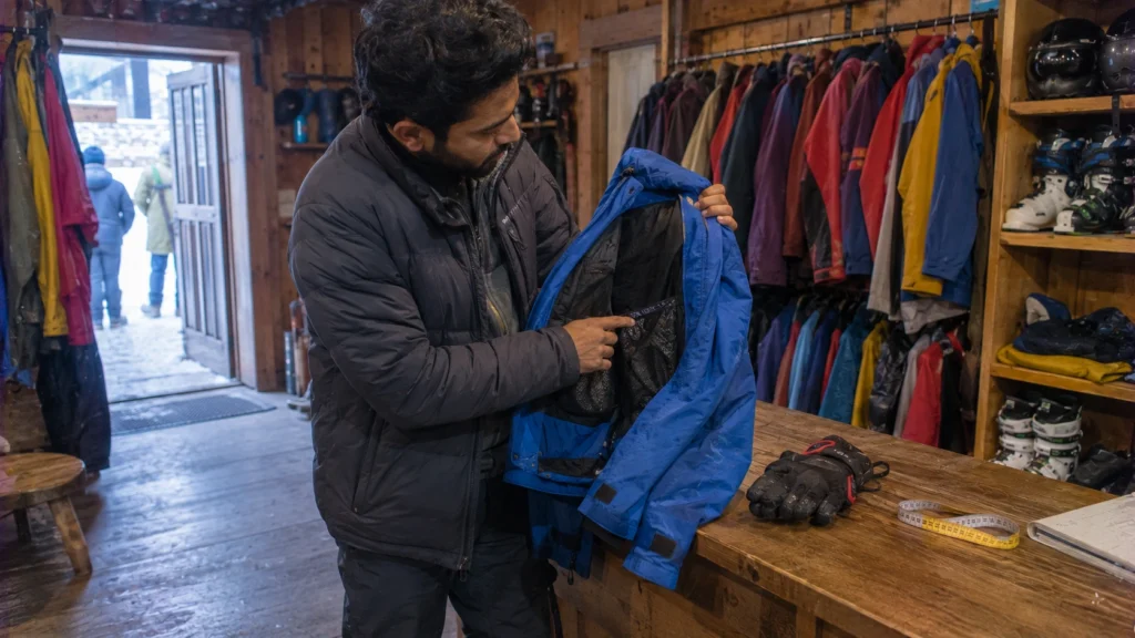 Inspecting zippers and seams while renting ski clothing in Gulmarg