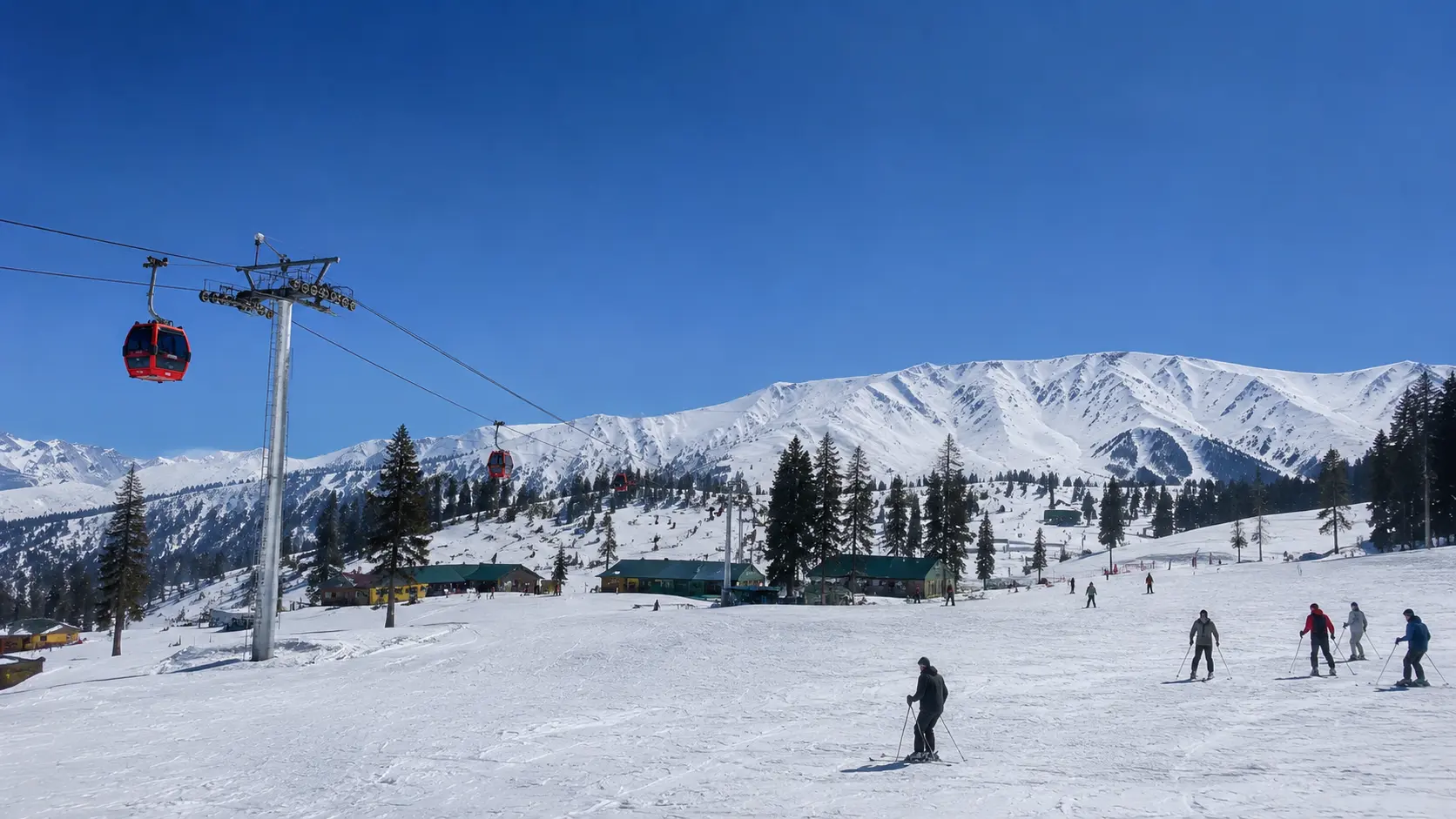The famous Gulmarg Gondola passing over the snowy beginner tracks