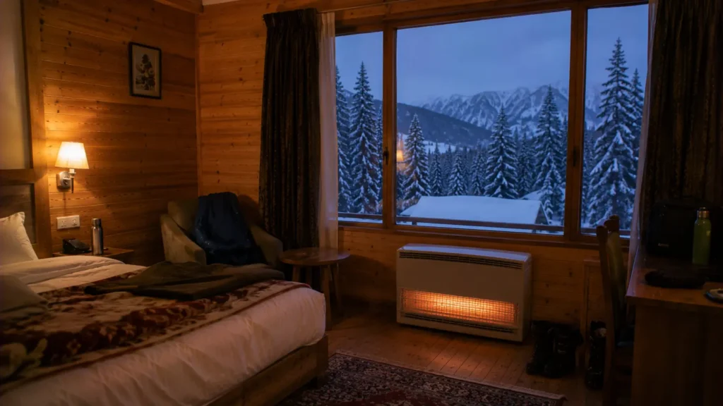 Premium heated hotel room included in a private beginner ski course Gulmarg package