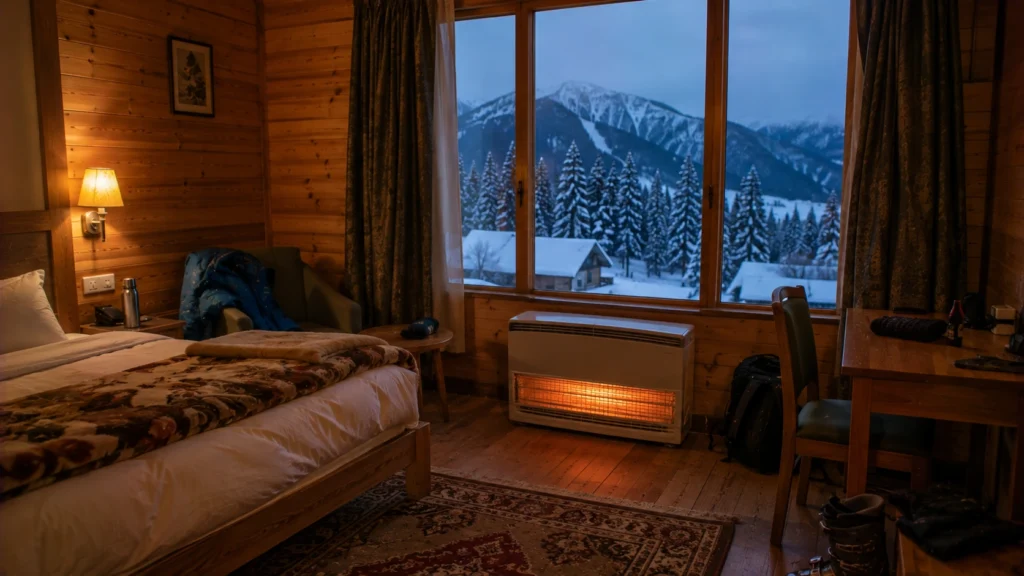 Premium heated hotel room included in a private beginner ski course Gulmarg package