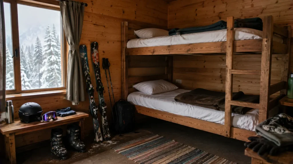 Shared dormitory bunk beds similar to an IISM Gulmarg ski course hostel