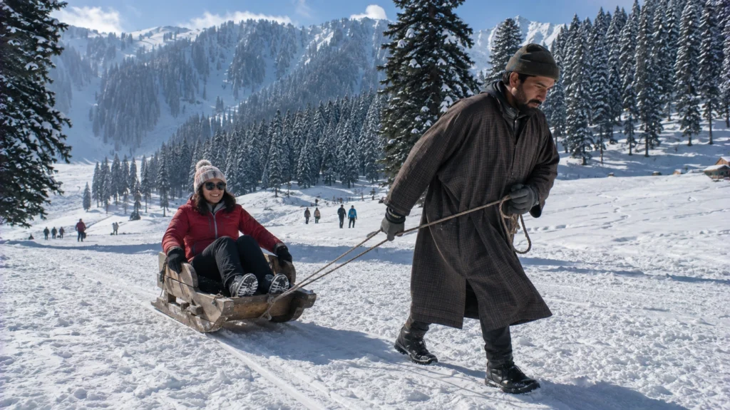 Traditional wooden sledge rides during winter in Kashmir