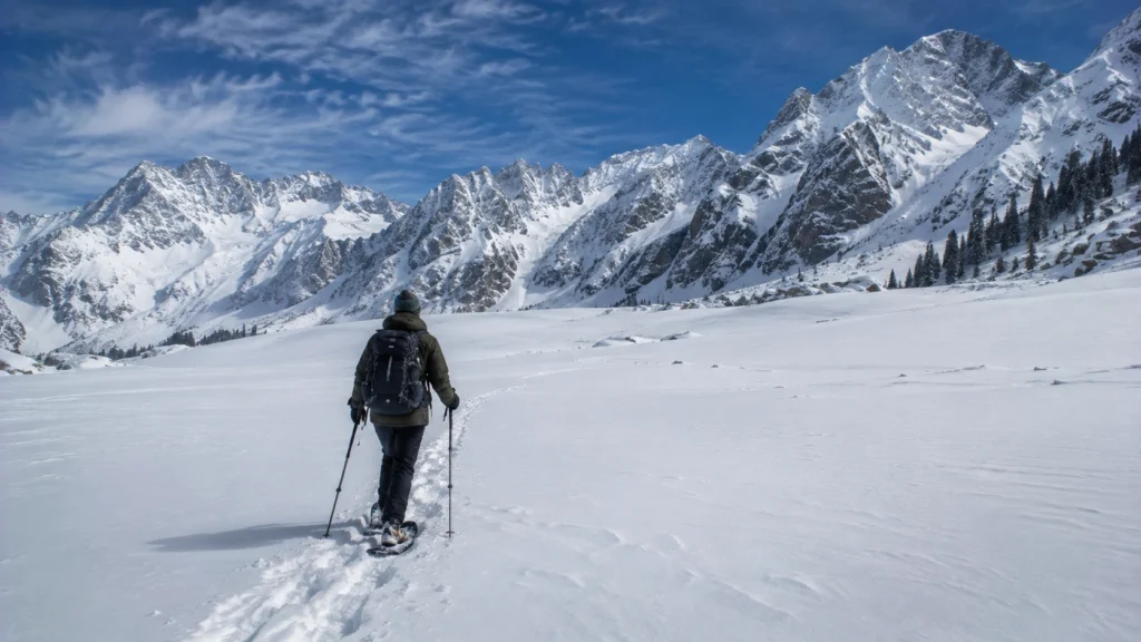 Snow trekker walking in deep snow for a winter adventure in Kashmir experience