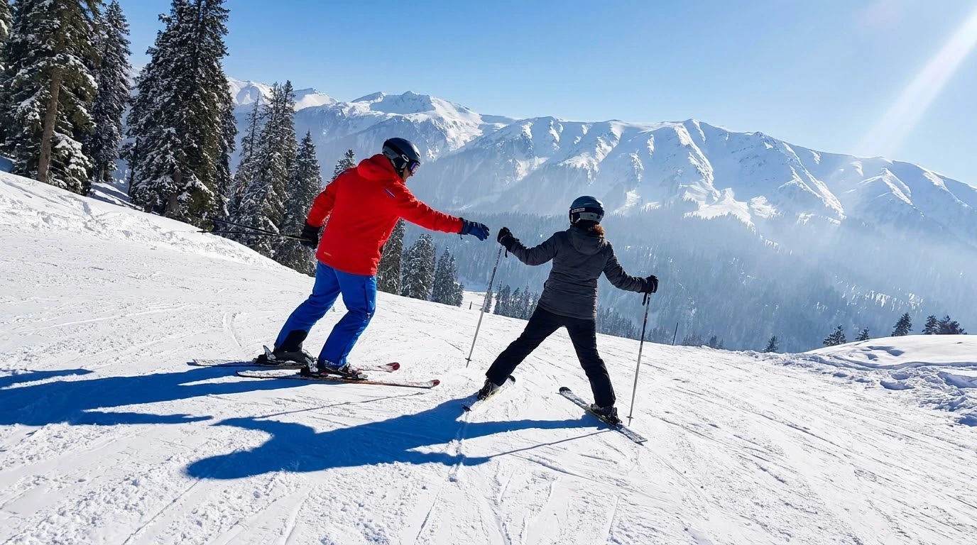 A ski instructor guiding a beginner through a snow plough turn on a gentle slope in Gulmarg