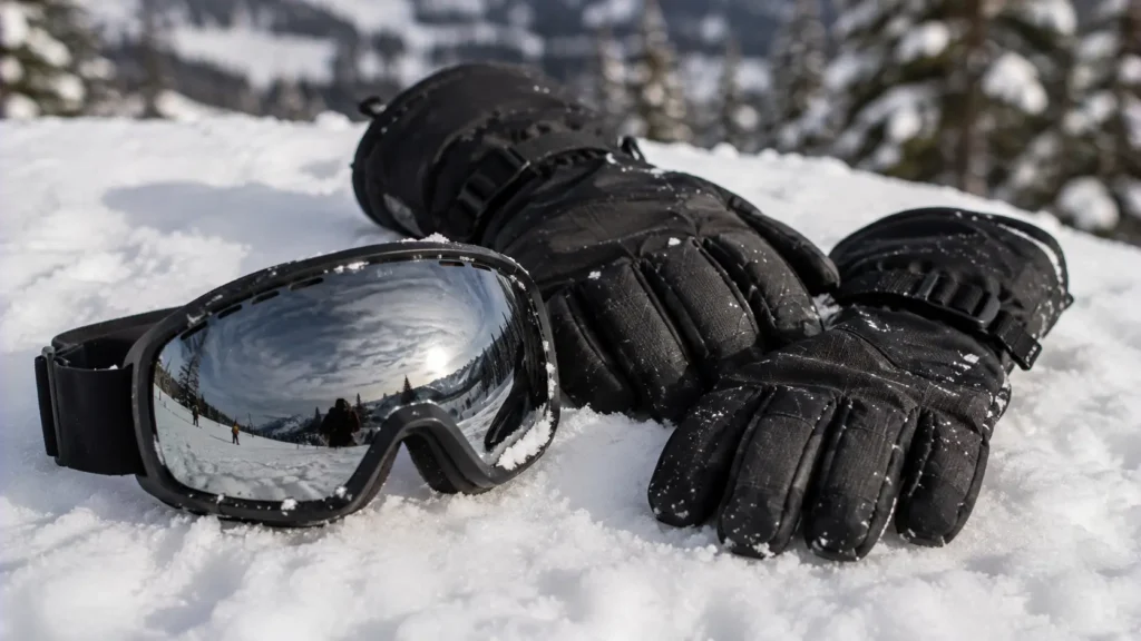 Close up of gloves and goggles which are essential clothes required for skiing in Gulmarg