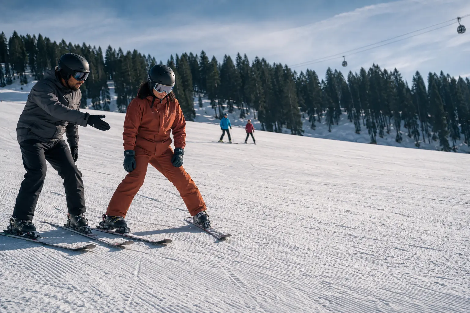 Ski instructor guiding a beginner through a snowplough turn on the Phase-1 slope in Gulmarg, Kashmir
