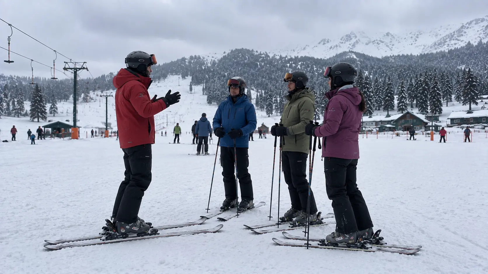 A ski instructor briefing three students on flat snow at the base of Gulmarg, all wearing helmets