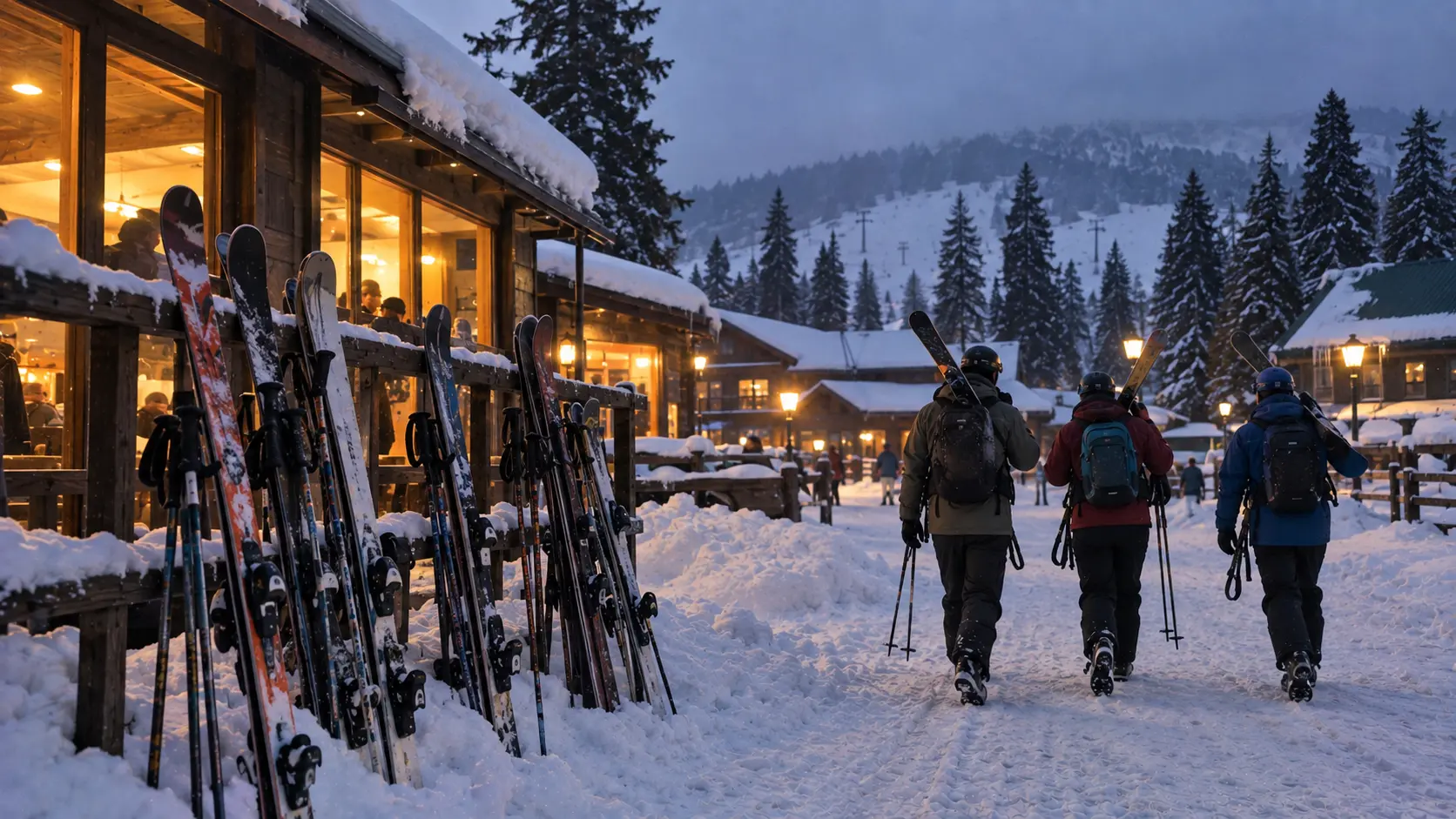 Skis planted upright in snow outside a Gulmarg lodge at dusk, with two skiers walking back toward the lit windows
